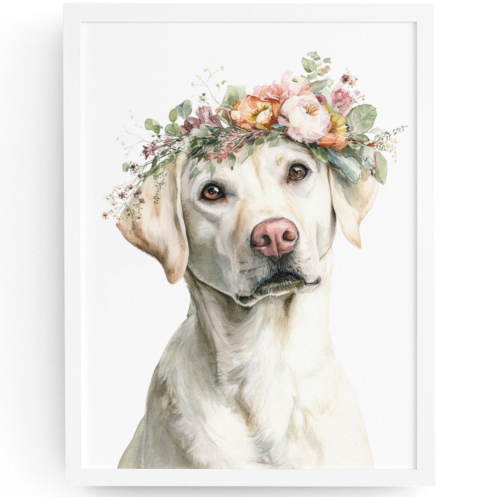 Watercolor Labrador Retriever with Flower Crown Portrait Wall Art Print Unframed